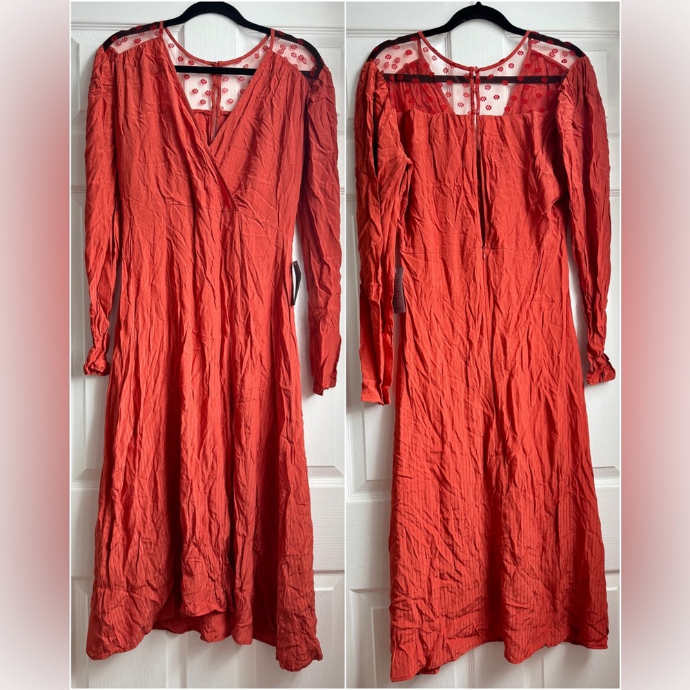 NSR Boho Crinkle with Lace Midi Dress, Size Large